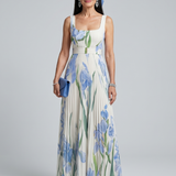 Ophelia | Robe midi sans manches avec décolleté carré et motif floral