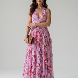 Nori | Robe Maxi Fleurie à Encolure Halter avec Volants