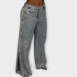 Nola - Jean taille haute orné de strass avec boutons latéraux
