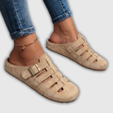Clara | Mules en daim avec des lanières ouvertes et une boucle