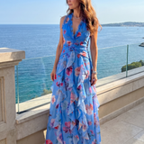 Nori | Robe Maxi Fleurie à Encolure Halter avec Volants
