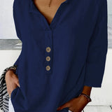 Harper™ - Blouse décontractée à col en V avec boutons