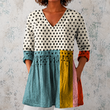 Valérie | Chemise longue en lin avec des pois et des inserts en color-block