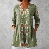 Élise | Blouse en lin longue avec imprimé floral bohème