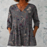 Audrey | Blouse en lin longue avec motif de fleurs séchées dans le style herbier