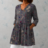 Audrey | Blouse en lin longue avec motif de fleurs séchées dans le style herbier