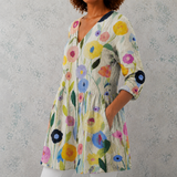 Louise | Blouse longue en lin avec motif floral peint à la main sur des tiges
