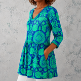 Inès | Chemise longue en lin avec motif baroque damassé