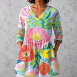 Hélène | Chemise longue en lin avec de grandes fleurs peintes