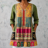 Émilie | Blouse longue en lin avec motif patchwork bohème et bords ornés