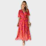 Katty – Robe midi avec décolleté en V, motif floral et manches bouffantes