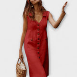 Nora – Robe en coton-lin en A-line avec col rabattu