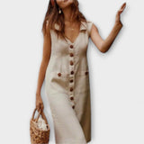 Nora – Robe en coton-lin en A-line avec col rabattu