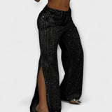 Nola - Jean taille haute orné de strass avec boutons latéraux
