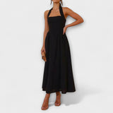 Lydia - Robe Mi-Longue Noire à Dos Nu avec Détail à la Taille