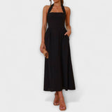 Lydia - Robe Mi-Longue Noire à Dos Nu avec Détail à la Taille
