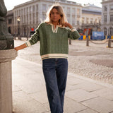 EMILIA | THE GREEN V-NECK SWEATER WITH FOLDED COLLAR