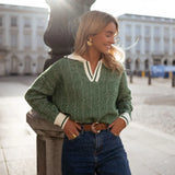 EMILIA | THE GREEN V-NECK SWEATER WITH FOLDED COLLAR