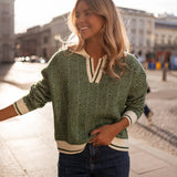 EMILIA | THE GREEN V-NECK SWEATER WITH FOLDED COLLAR