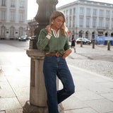 EMILIA | THE GREEN V-NECK SWEATER WITH FOLDED COLLAR