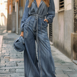 Nadia | Combinaison en denim avec cordon à la taille et manches longues